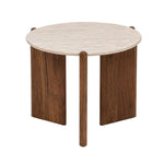 Edenn Side Table with travertine top and washed walnut supports, full view