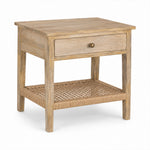 Drift Bedside in light French grey timber with woven shelf, full view