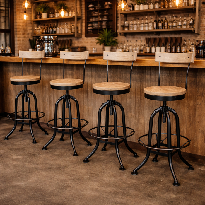 Recycled Elm and Iron Stool with Backrest