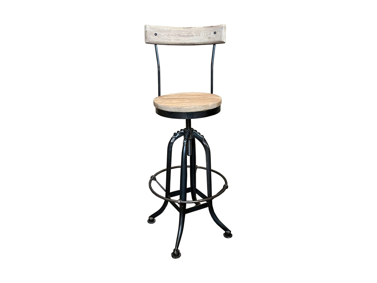 Recycled Elm and Iron Stool with Backrest