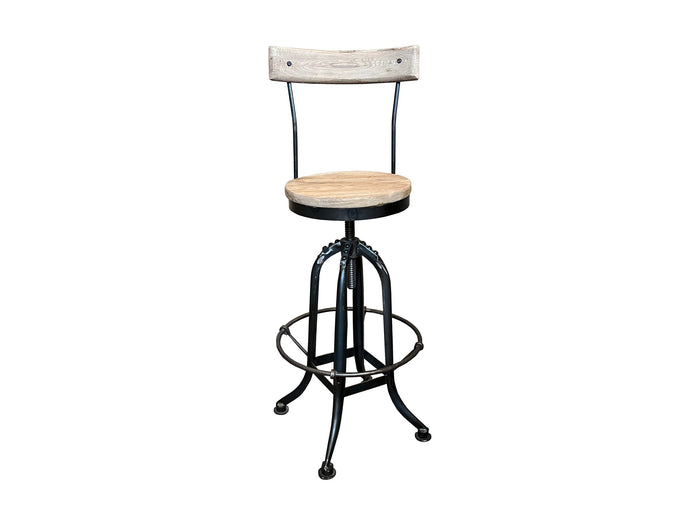 Recycled Elm and Iron Stool with Backrest