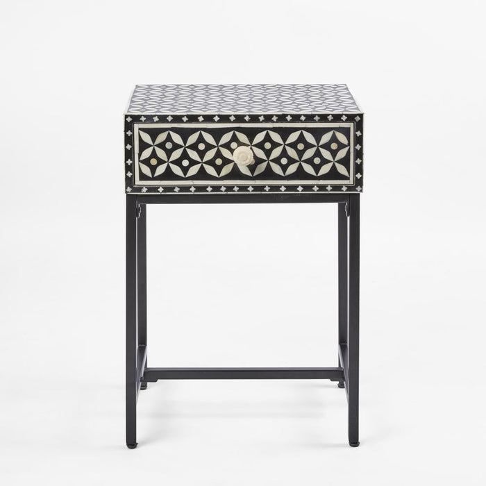 Stella Bone Inlay Bedside Table Black/White/Black Base