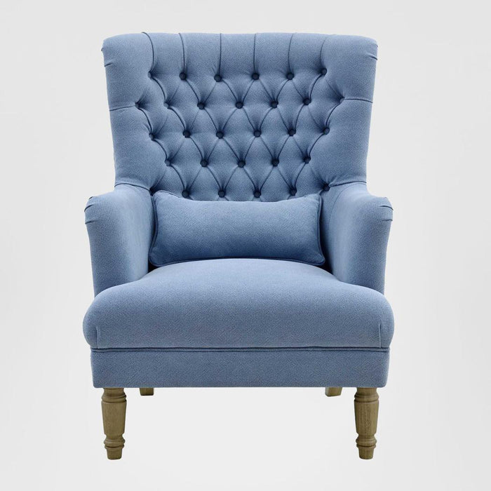 Bayside Slate Blue Hamptons Button Tufted Winged Armchair W/Wooden Legs
