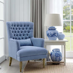 Bayside Slate Blue Hamptons Button Tufted Winged Armchair W/Wooden Legs