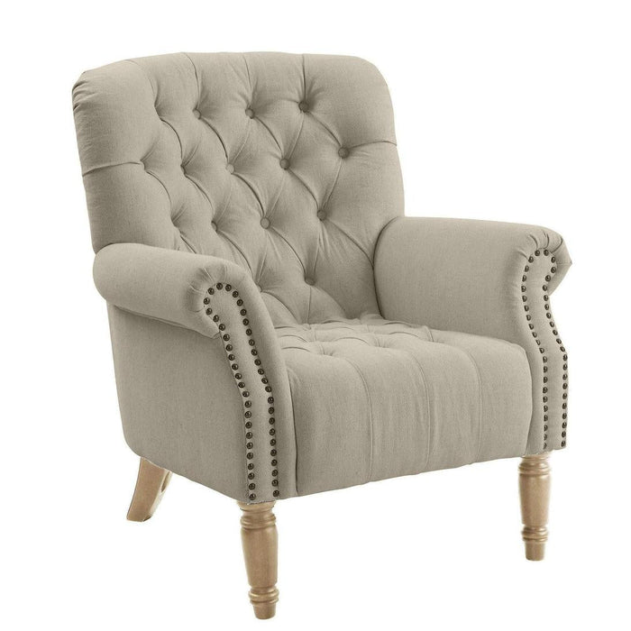 Maurice Natural Linen Blend Buttoned Armchair W/ Studs Oak Legs
