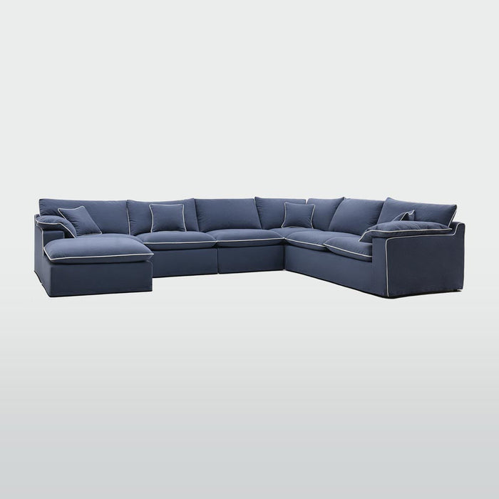 Norfolk 6 Seater Modular with Chaise (Reversible) Navy w/White piping