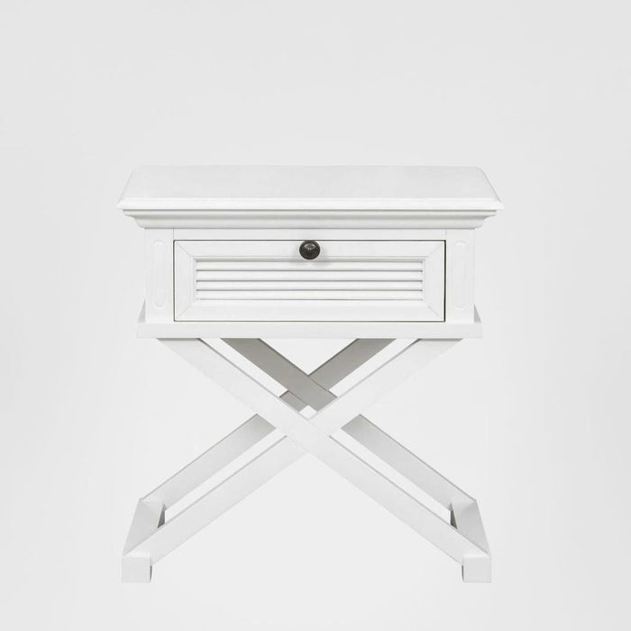 West Beach Cross Leg Hamptons BedSide Table W/Drawer White