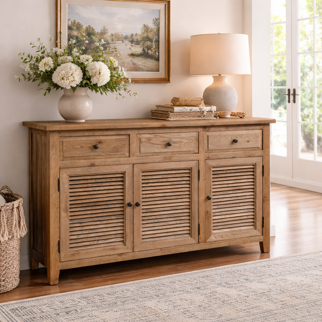Oak Louvre 3-Drawer 3-Door Buffet 140cm