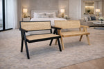 Pier Bench with Backrest in Black and Natural at the end of a bed