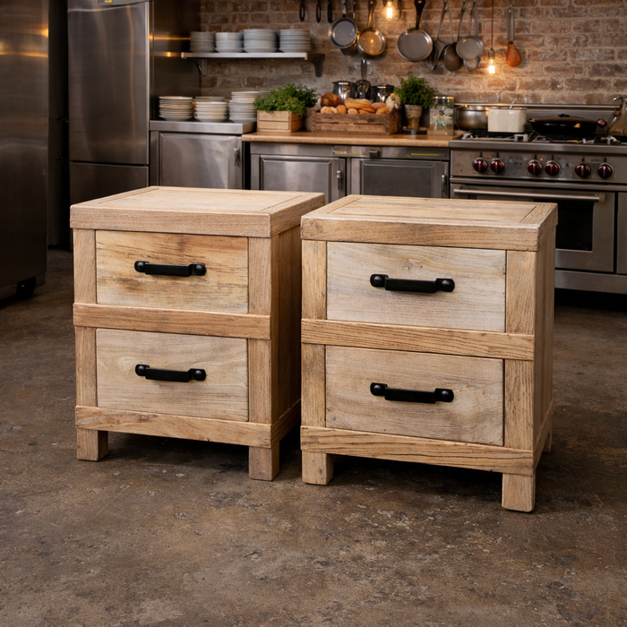 Recycled Elm Bedside Tables with Iron Handles